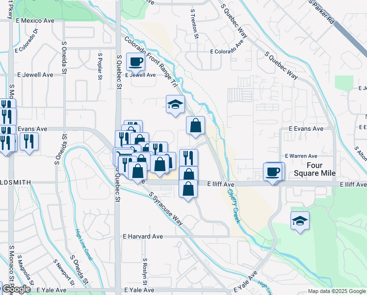 map of restaurants, bars, coffee shops, grocery stores, and more near 7697 East Warren Drive in Denver