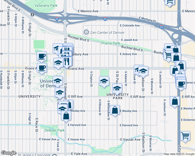 map of restaurants, bars, coffee shops, grocery stores, and more near 2737 East Warren Avenue in Denver