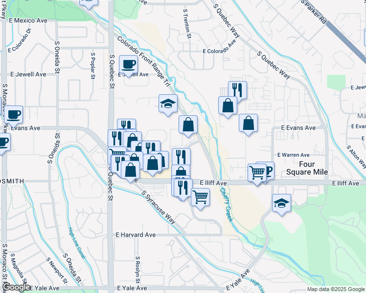 map of restaurants, bars, coffee shops, grocery stores, and more near 2181 South Trenton Way in Denver