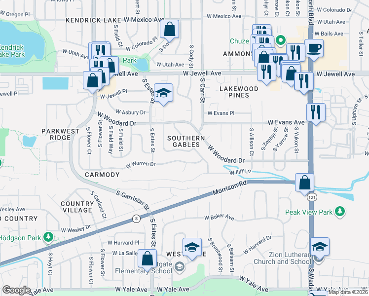 map of restaurants, bars, coffee shops, grocery stores, and more near 8659 West Warren Drive in Lakewood
