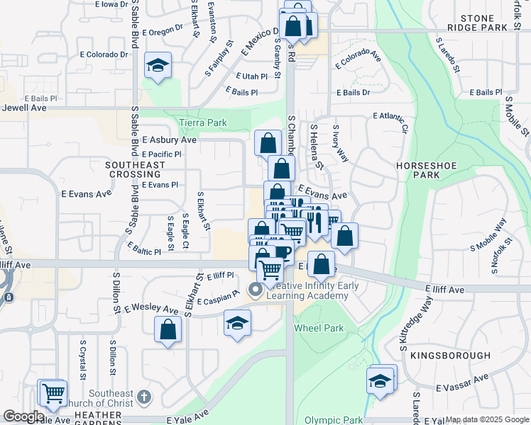 map of restaurants, bars, coffee shops, grocery stores, and more near 2193 South Chambers Road in Aurora