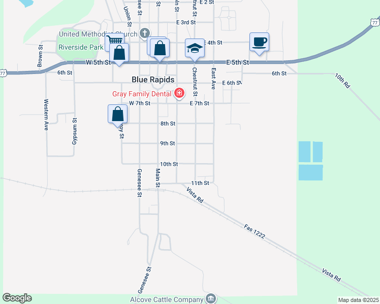 map of restaurants, bars, coffee shops, grocery stores, and more near 210 10th Street in Blue Rapids