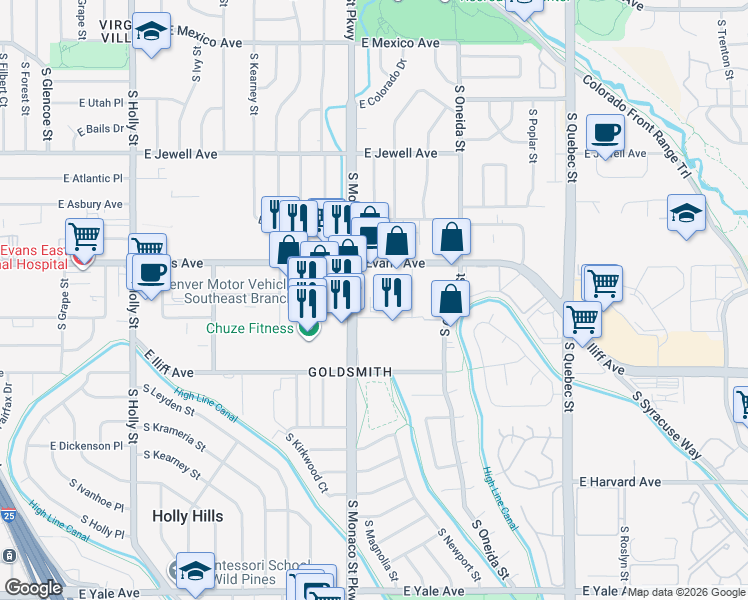 map of restaurants, bars, coffee shops, grocery stores, and more near 2180 South Monaco Parkway in Denver