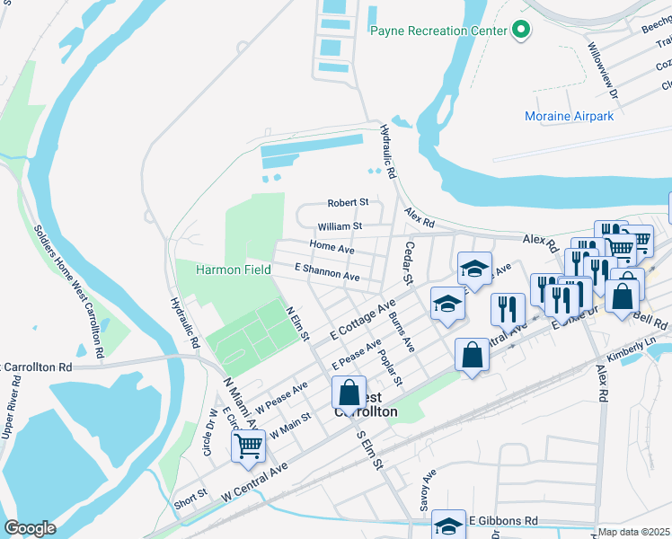 map of restaurants, bars, coffee shops, grocery stores, and more near 131 East Shannon Avenue in West Carrollton