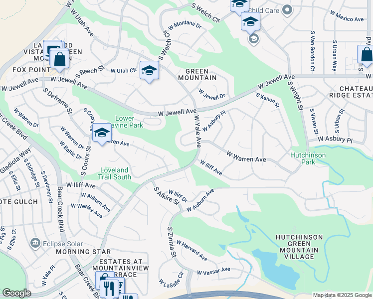 map of restaurants, bars, coffee shops, grocery stores, and more near 13074 West Iliff Avenue in Lakewood