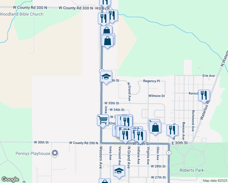 map of restaurants, bars, coffee shops, grocery stores, and more near 3674 Western Avenue in Connersville