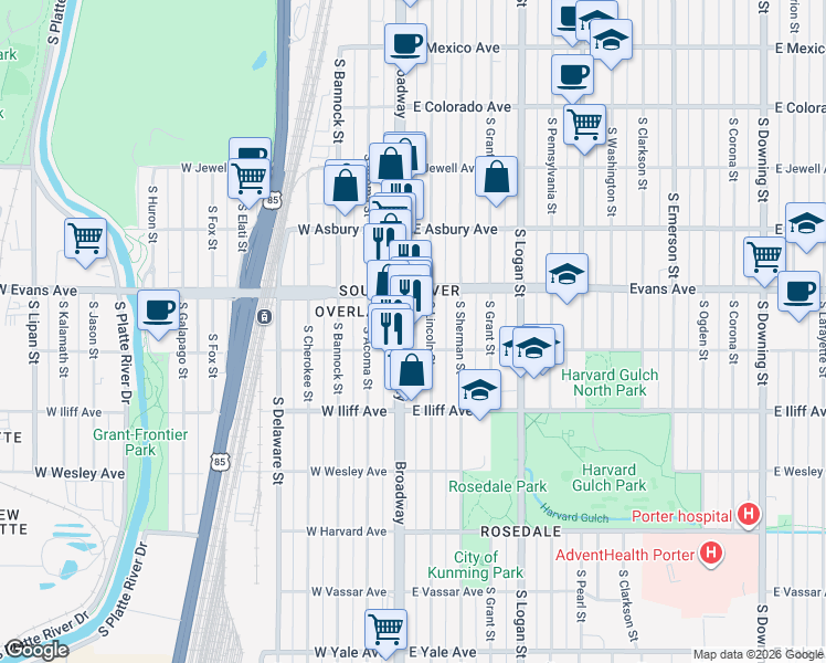 map of restaurants, bars, coffee shops, grocery stores, and more near 2125 South Lincoln Street in Denver