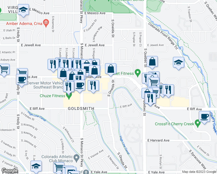 map of restaurants, bars, coffee shops, grocery stores, and more near 2121 South Oneida Street in Denver