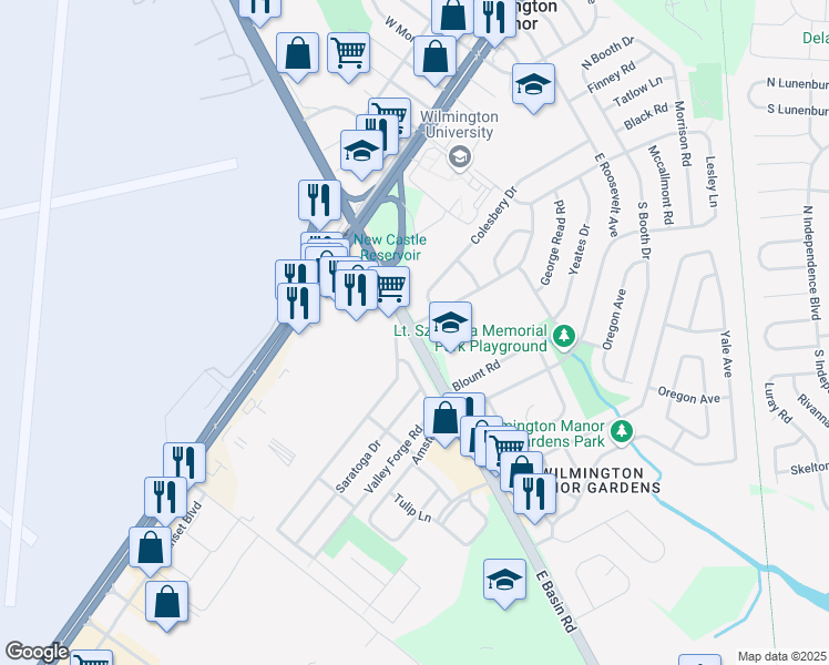 map of restaurants, bars, coffee shops, grocery stores, and more near 314 East Basin Road in Wilmington Manor