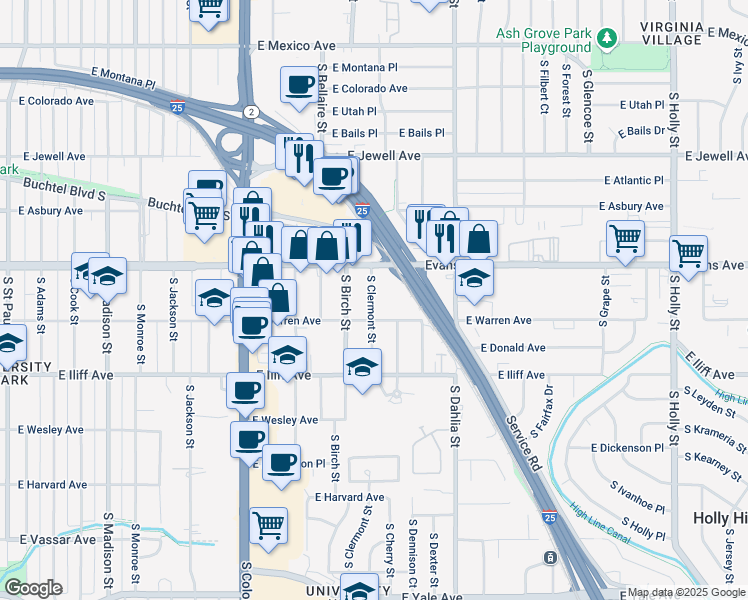 map of restaurants, bars, coffee shops, grocery stores, and more near in Denver