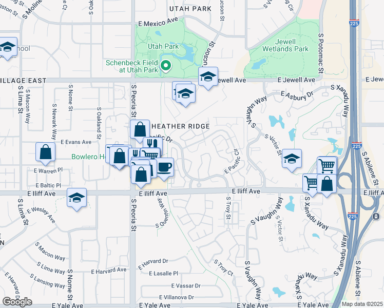 map of restaurants, bars, coffee shops, grocery stores, and more near 12525 East Pacific Circle in Aurora