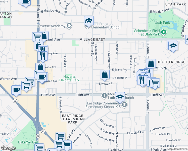 map of restaurants, bars, coffee shops, grocery stores, and more near 11338 East Evans Avenue in Aurora