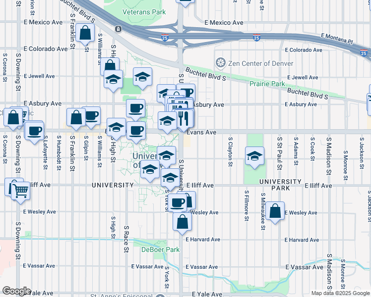 map of restaurants, bars, coffee shops, grocery stores, and more near in Denver