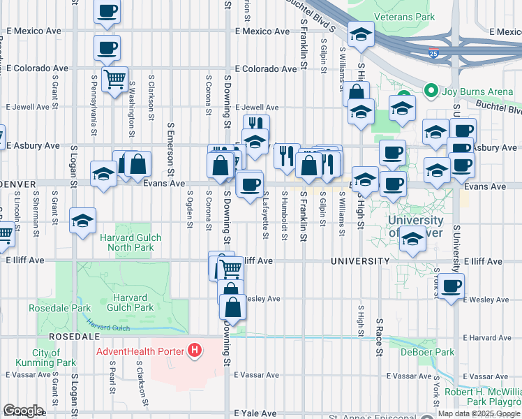 map of restaurants, bars, coffee shops, grocery stores, and more near 2129 South Lafayette Street in Denver