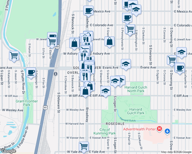 map of restaurants, bars, coffee shops, grocery stores, and more near 2125 South Lincoln Street in Denver