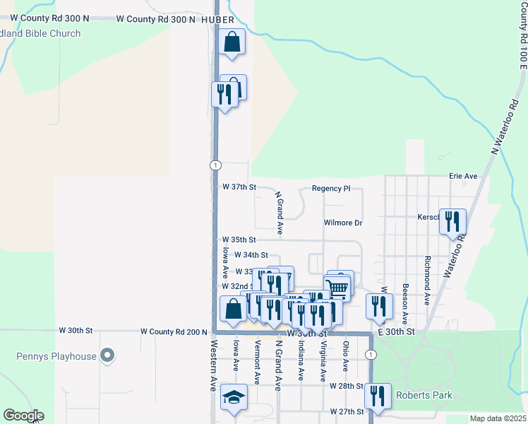 map of restaurants, bars, coffee shops, grocery stores, and more near 501 West 37th Street in Connersville