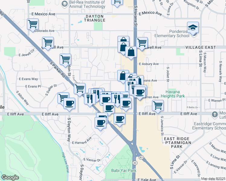 map of restaurants, bars, coffee shops, grocery stores, and more near 2113 South Fulton Circle in Denver
