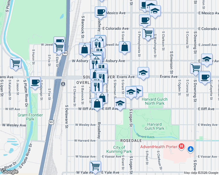 map of restaurants, bars, coffee shops, grocery stores, and more near 2164 South Lincoln Street in Denver