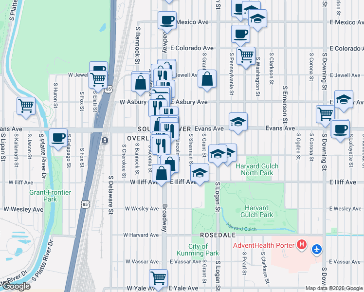 map of restaurants, bars, coffee shops, grocery stores, and more near 2164 South Lincoln Street in Denver