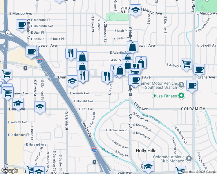 map of restaurants, bars, coffee shops, grocery stores, and more near in Denver