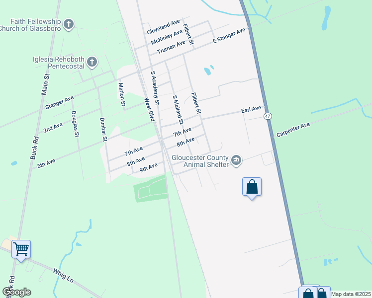 map of restaurants, bars, coffee shops, grocery stores, and more near 1447 South Mallard Street in Glassboro