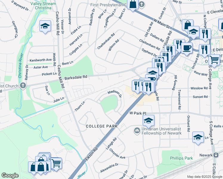 map of restaurants, bars, coffee shops, grocery stores, and more near 815 Barksdale Road in Newark