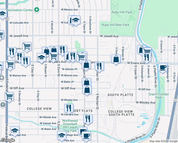 map of restaurants, bars, coffee shops, grocery stores, and more near 1940 West Evans Avenue in Englewood