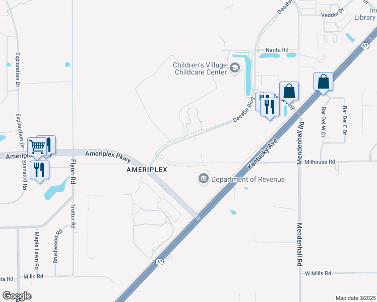 map of restaurants, bars, coffee shops, grocery stores, and more near 5835 Decatur Boulevard in Indianapolis
