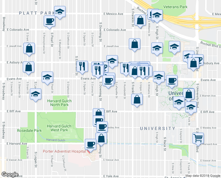 map of restaurants, bars, coffee shops, grocery stores, and more near 2150 South Downing Street in Denver