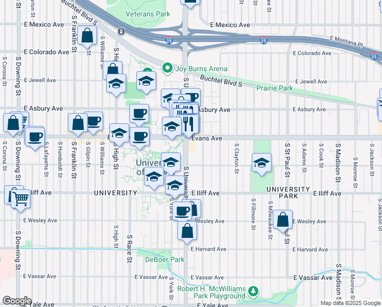 map of restaurants, bars, coffee shops, grocery stores, and more near in Denver