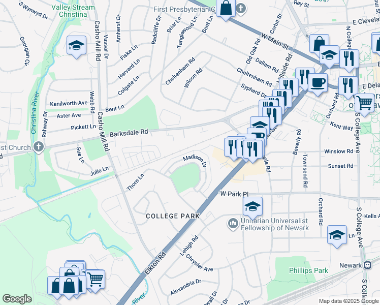 map of restaurants, bars, coffee shops, grocery stores, and more near 121 Madison Drive in Newark