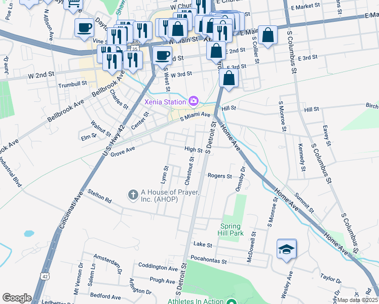 map of restaurants, bars, coffee shops, grocery stores, and more near 491 Chestnut Street in Xenia