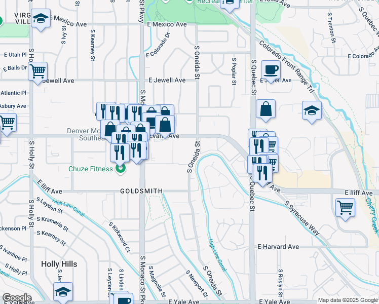 map of restaurants, bars, coffee shops, grocery stores, and more near 6880 East Evans Avenue in Denver