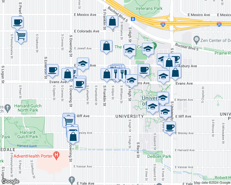 map of restaurants, bars, coffee shops, grocery stores, and more near 2154 South Gilpin Street in Denver
