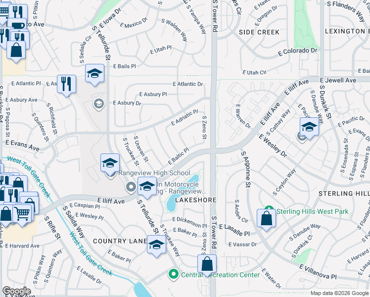 map of restaurants, bars, coffee shops, grocery stores, and more near 2230 South Walden Street in Aurora