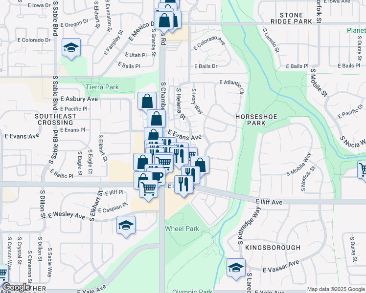 map of restaurants, bars, coffee shops, grocery stores, and more near 2091 South Hannibal Way in Aurora