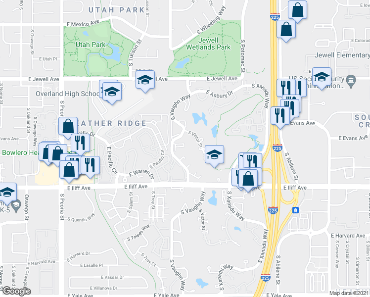 map of restaurants, bars, coffee shops, grocery stores, and more near 2130 South Vaughn Way in Aurora