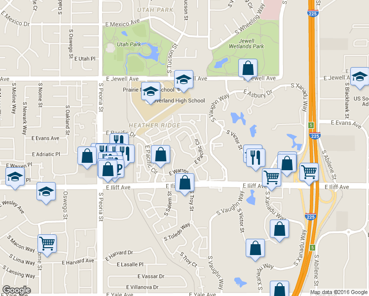 map of restaurants, bars, coffee shops, grocery stores, and more near 2131 South Troy Way in Aurora