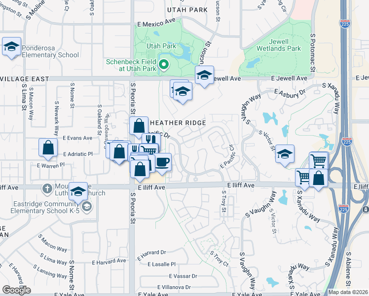 map of restaurants, bars, coffee shops, grocery stores, and more near 12525 East Pacific Circle in Aurora