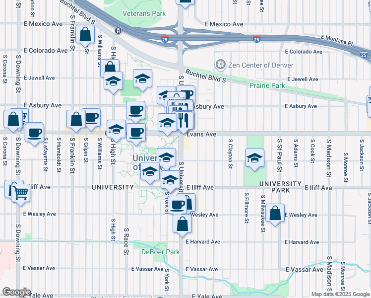 map of restaurants, bars, coffee shops, grocery stores, and more near in Denver