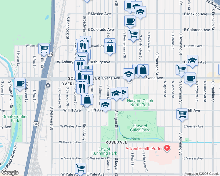map of restaurants, bars, coffee shops, grocery stores, and more near in Denver