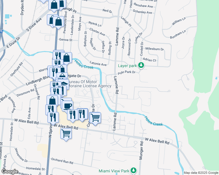 map of restaurants, bars, coffee shops, grocery stores, and more near 5133 Lamme Road in Moraine