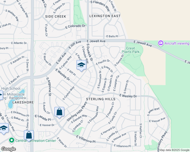 map of restaurants, bars, coffee shops, grocery stores, and more near 2143 South Ensenada Street in Aurora