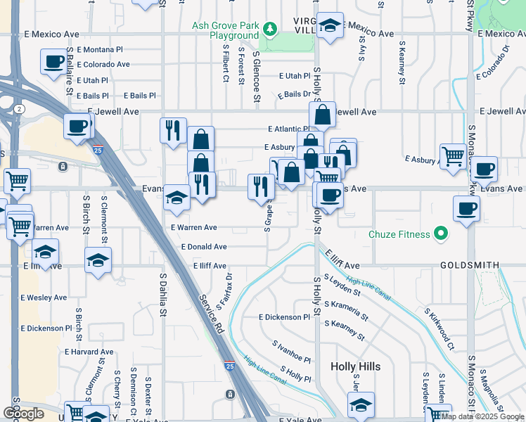 map of restaurants, bars, coffee shops, grocery stores, and more near in Denver
