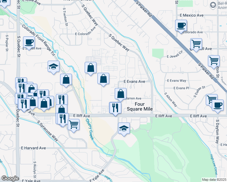 map of restaurants, bars, coffee shops, grocery stores, and more near 2101 South Wabash Street in Denver