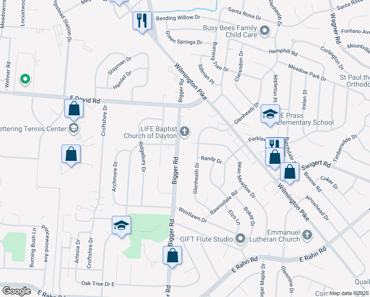 map of restaurants, bars, coffee shops, grocery stores, and more near 4600 Bigger Road in Dayton