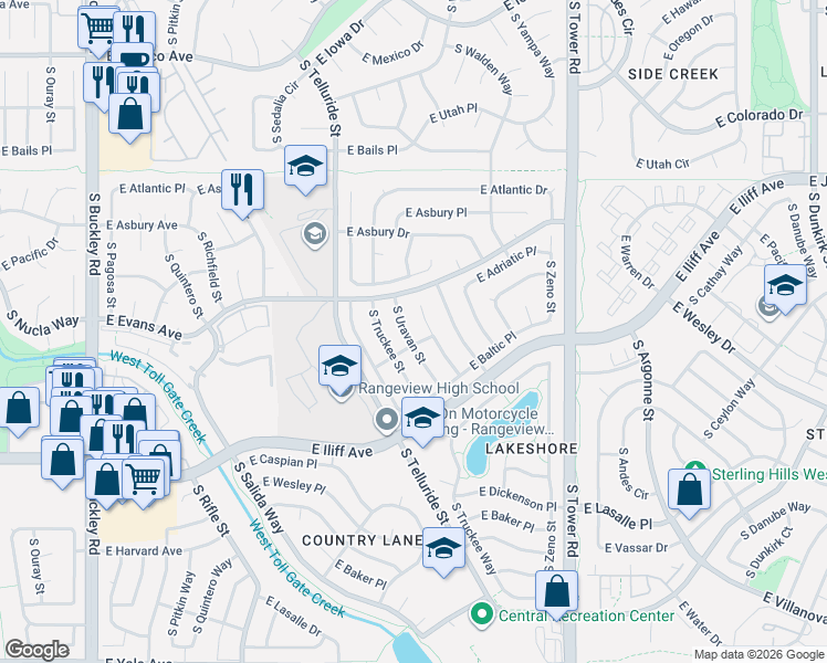 map of restaurants, bars, coffee shops, grocery stores, and more near 2164 South Ventura Street in Aurora