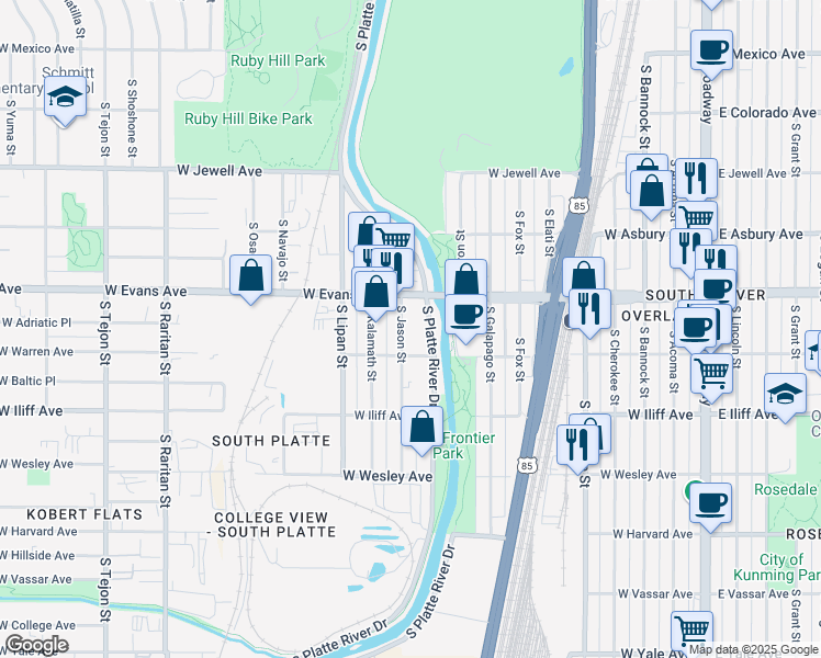 map of restaurants, bars, coffee shops, grocery stores, and more near 2115 South Platte River Drive in Denver
