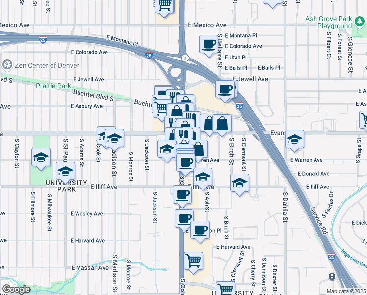 map of restaurants, bars, coffee shops, grocery stores, and more near 2180 South Colorado Boulevard in Denver
