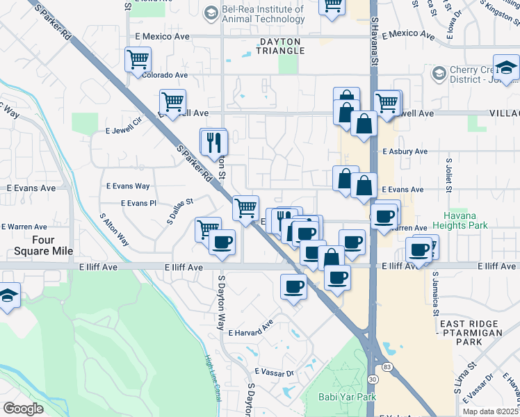 map of restaurants, bars, coffee shops, grocery stores, and more near 10042 East Evans Avenue in Denver